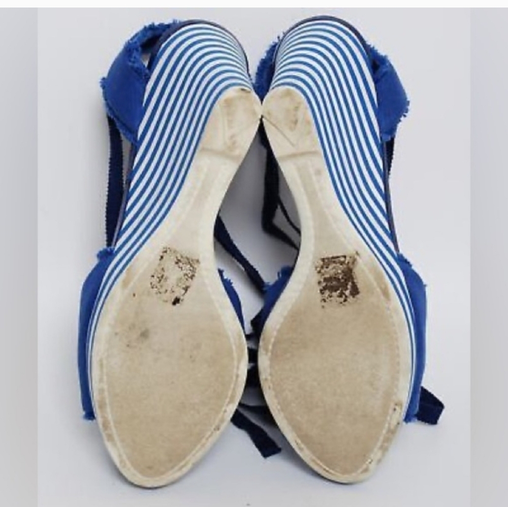 PRADA Cloth Striped Cobalt Blue Canvas Ankle Lace Up Wedges Heels Sandals - Picture 4 of 4